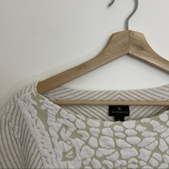 Worthington | Cream Geometric Animal Print Brocade Cotton Long Sleeve Crew - Picture 3 of 9